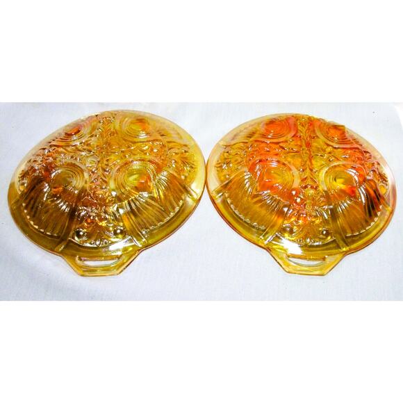 Two Carnival Glass Divided and Footed Relish Trays Handles Opalescent Marigold - Picture 3 of 5